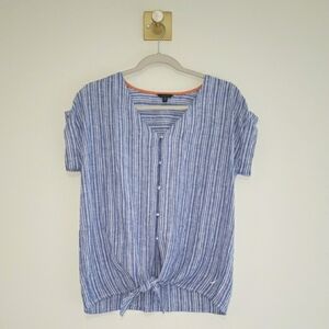 Nautica Women Linen Blend Top XS Blue White Stripes Short Sleeve Button Down